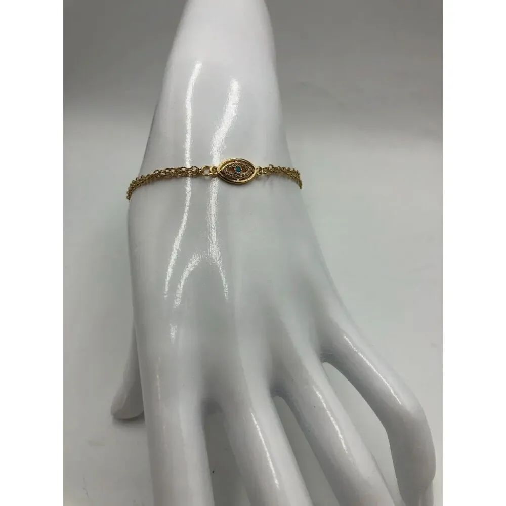 18K Gold Plated Women's Evil Eye Bracelet with Center Faux Stone Waterproof